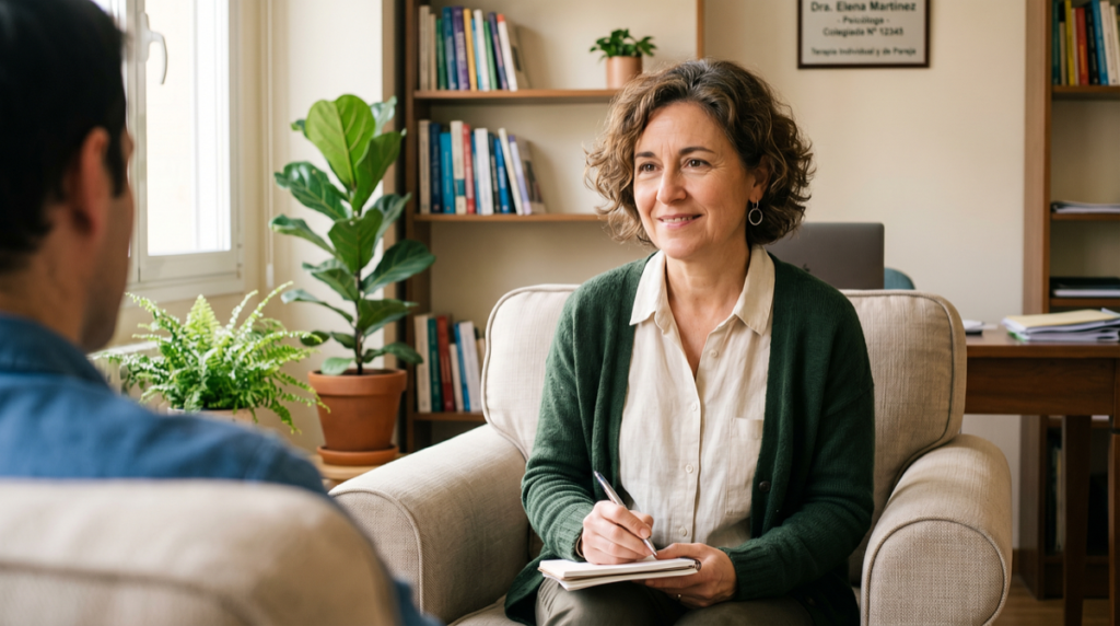 Counselor talking with a client in a bright office