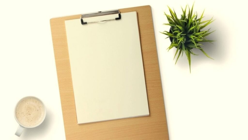 Blank clipboard on a desk beside a plant